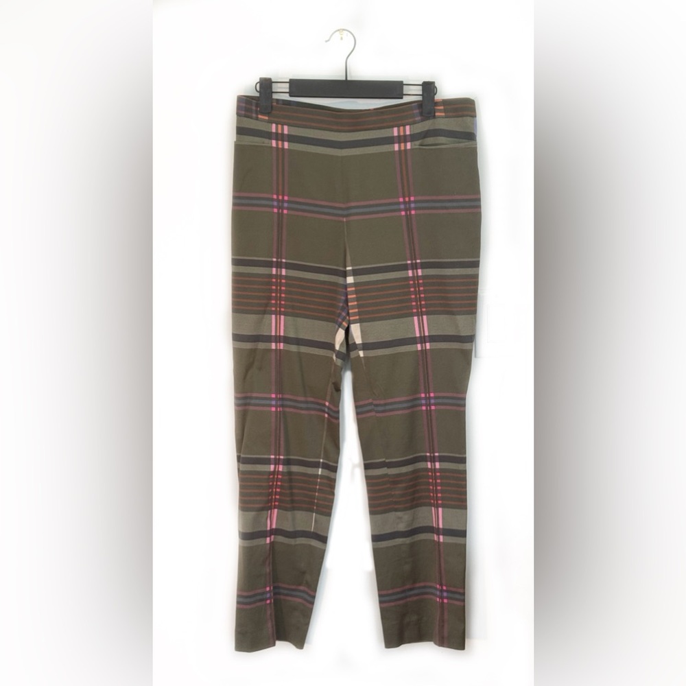 Akris Punto Olive Plaid Cotton Pants with Pink Stripe, 10